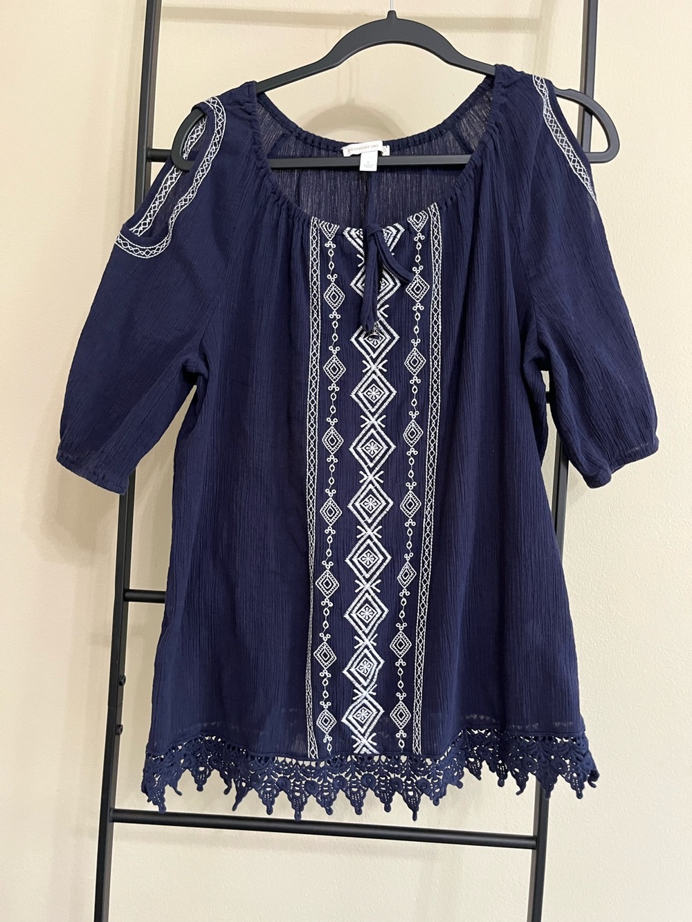 Westport 1962 Cold Shoulder Embroidered Boho Peasant Casual Cool Top Blue L